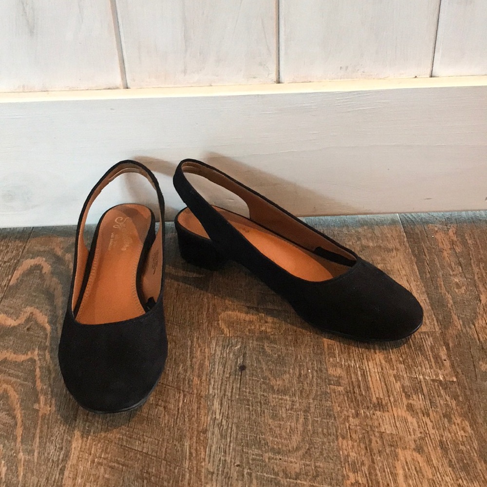 Seychelles black suede block heel sling backs